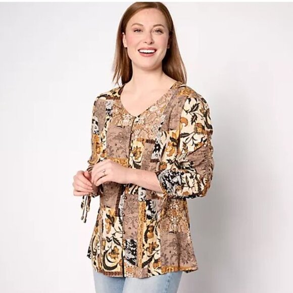 Susan Graver Passport Petite Printed Rayon Woven Tunic-Honey Black-1X - Picture 1 of 2